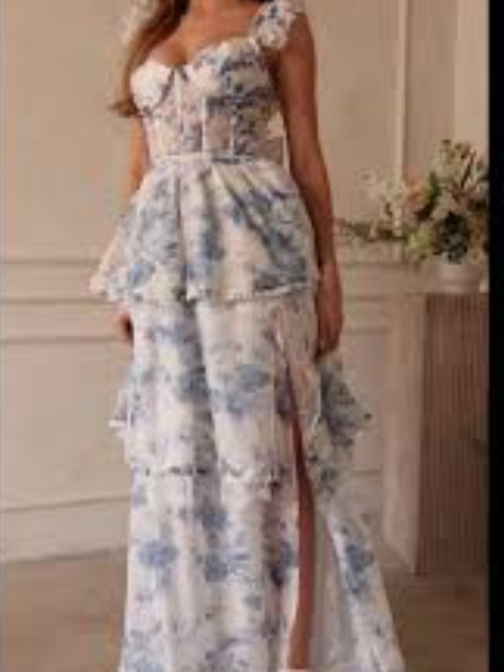 Blue & White Floral Ruffled Maxi Dress